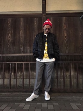 「HYSTERIC GLAMOUR（ヒステリックグラマー）のアイテム（MA-1）」を使った、京都くんさん（メンズ・172cm）の冬コーディネート
