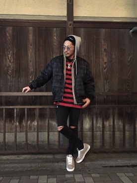 「HYSTERIC GLAMOUR（ヒステリックグラマー）のアイテム（MA-1）」を使った、京都くんさん（メンズ・172cm）の冬コーディネート
