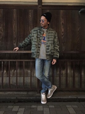 「HYSTERIC GLAMOUR（ヒステリックグラマー）のアイテム（MA-1）」を使った、京都くんさん（メンズ・172cm）の冬コーディネート