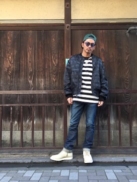 「HYSTERIC GLAMOUR（ヒステリックグラマー）のアイテム（MA-1）」を使った、京都くんさん（メンズ・172cm）の冬コーディネート