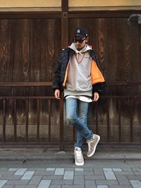 「HYSTERIC GLAMOUR（ヒステリックグラマー）のアイテム（MA-1）」を使った、京都くんさん（メンズ・172cm）の冬コーディネート