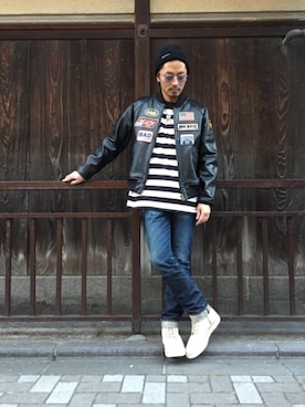「ワッペン」｜「アイテム（ライダースジャケット）」を使った、京都くんさん（メンズ・172cm）の冬コーディネート