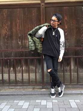 「HYSTERIC GLAMOUR（ヒステリックグラマー）のアイテム（MA-1）」を使った、京都くんさん（メンズ・172cm）の冬コーディネート