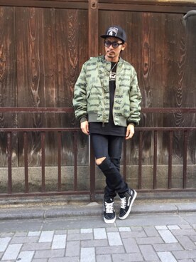「HYSTERIC GLAMOUR（ヒステリックグラマー）のアイテム（MA-1）」を使った、京都くんさん（メンズ・172cm）の冬コーディネート