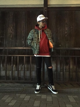「HYSTERIC GLAMOUR（ヒステリックグラマー）のアイテム（MA-1）」を使った、京都くんさん（メンズ・172cm）の冬コーディネート