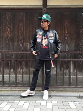 「ワッペン」｜「アイテム（ライダースジャケット）」を使った、京都くんさん（メンズ・172cm）の冬コーディネート