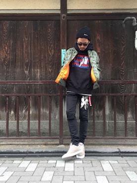 「HYSTERIC GLAMOUR（ヒステリックグラマー）のアイテム（MA-1）」を使った、京都くんさん（メンズ・172cm）の冬コーディネート