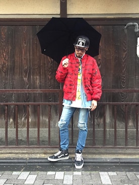 「HYSTERIC GLAMOUR（ヒステリックグラマー）のアイテム（MA-1）」を使った、京都くんさん（メンズ・172cm）の冬コーディネート