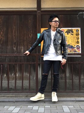 「ロックコーデ」｜「アイテム（ライダースジャケット）」を使った、京都くんさん（メンズ・172cm）の冬コーディネート