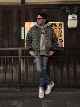 「HYSTERIC GLAMOUR（ヒステリックグラマー）のアイテム（MA-1）」を使った、京都くんさん（メンズ・172cm）の冬コーディネート
