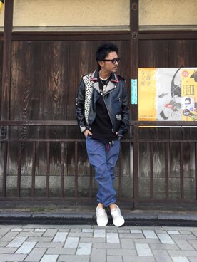 「hystericglamour」｜「アイテム（ライダースジャケット）」を使った、京都くんさん（メンズ・172cm）の冬コーディネート