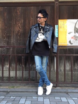 「hystericglamour」｜「アイテム（ライダースジャケット）」を使った、京都くんさん（メンズ・172cm）の冬コーディネート