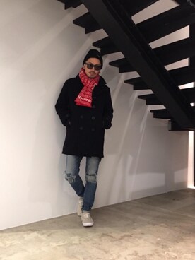 「マフラーコーデ」｜「アイテム（ピーコート）」を使った、京都くんさん（メンズ・172cm）の秋コーディネート