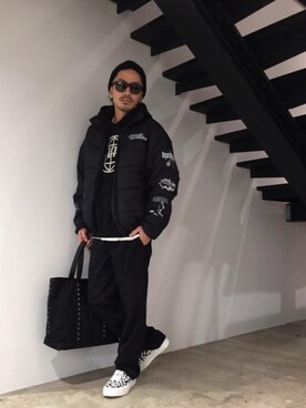 「コラボレーション」｜「アイテム（ダウンジャケット/コート）」を使った、京都くんさん（メンズ・172cm）の秋コーディネート