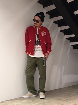 「コラボレーション」｜「アイテム（スタジャン）」を使った、京都くんさん（メンズ・172cm）の冬コーディネート