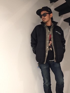 「コラボレーション」｜「アイテム（ダウンジャケット/コート）」を使った、京都くんさん（メンズ・172cm）の冬コーディネート