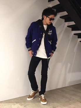 「コラボレーション」｜「アイテム（スタジャン）」を使った、京都くんさん（メンズ・172cm）の冬コーディネート