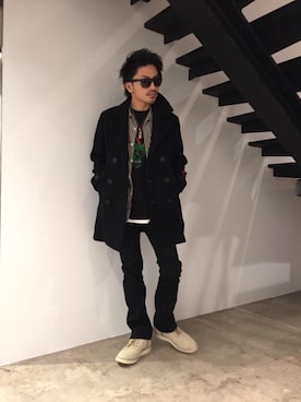 「ブーツコーデ」｜「アイテム（ピーコート）」を使った、京都くんさん（メンズ・172cm）の冬コーディネート