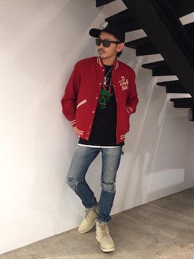 「コラボレーション」｜「アイテム（スタジャン）」を使った、京都くんさん（メンズ・172cm）の冬コーディネート
