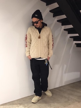 「カウチン」｜「アイテム（ブルゾン）」を使った、京都くんさん（メンズ・172cm）の冬コーディネート