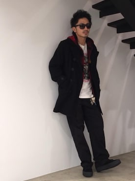 「コラボレーション」｜「アイテム（ピーコート）」を使った、京都くんさん（メンズ・172cm）の冬コーディネート