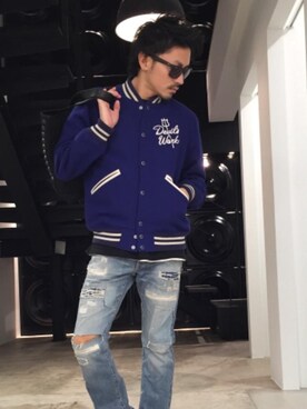 「コラボレーション」｜「アイテム（スタジャン）」を使った、京都くんさん（メンズ・172cm）の冬コーディネート
