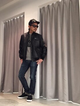 「HYSTERIC GLAMOUR（ヒステリックグラマー）のHYS WHISKY柄 刺繍キャップ（キャップ）」を使った、京都くんさん（メンズ・172cm）の冬コーディネート