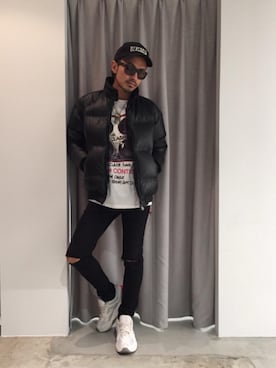 「レザーコーデ」｜「アイテム（キャップ）」を使った、京都くんさん（メンズ・172cm）の冬コーディネート