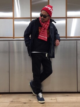「HYSTERIC GLAMOUR（ヒステリックグラマー）のアイテム（バンダナ/スカーフ）」を使った、京都くんさん（メンズ・172cm）の冬コーディネート