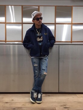 「メッシュキャップ」｜「アイテム（デニムジャケット）」を使った、京都くんさん（メンズ・172cm）の冬コーディネート