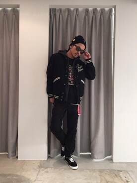 「ニットキャップ」｜「アイテム（スタジャン）」を使った、京都くんさん（メンズ・172cm）の冬コーディネート