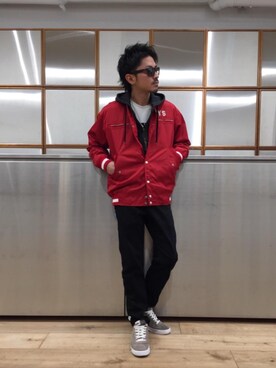 「コラボレーション」｜「アイテム（スタジャン）」を使った、京都くんさん（メンズ・172cm）の冬コーディネート