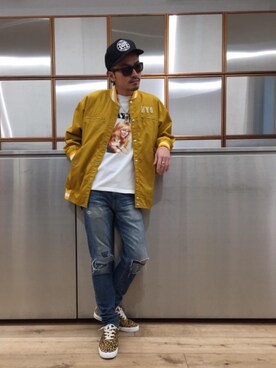「コラボレーション」｜「アイテム（スタジャン）」を使った、京都くんさん（メンズ・172cm）の冬コーディネート