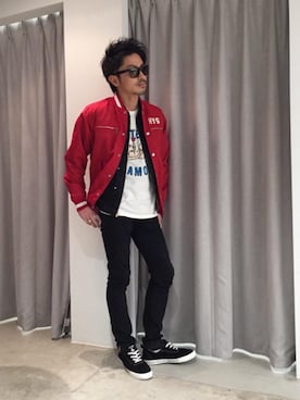 「Gジャン」｜「アイテム（スタジャン）」を使った、京都くんさん（メンズ・172cm）の冬コーディネート