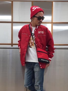「コラボレーション」｜「アイテム（スタジャン）」を使った、京都くんさん（メンズ・172cm）の冬コーディネート