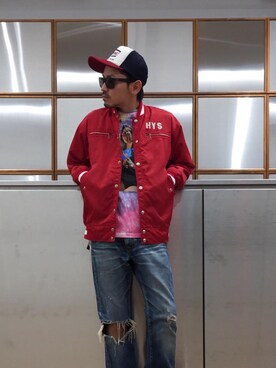 「コラボレーション」｜「アイテム（スタジャン）」を使った、京都くんさん（メンズ・172cm）の冬コーディネート