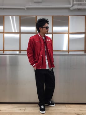 「コラボレーション」｜「アイテム（スタジャン）」を使った、京都くんさん（メンズ・172cm）の冬コーディネート