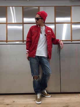 「アニマル」｜「アイテム（スタジャン）」を使った、京都くんさん（メンズ・172cm）の春コーディネート