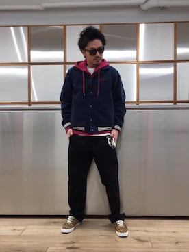 「アニマル」｜「アイテム（スタジャン）」を使った、京都くんさん（メンズ・172cm）の春コーディネート
