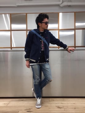 「ショルダーバック」｜「アイテム（スタジャン）」を使った、京都くんさん（メンズ・172cm）の春コーディネート