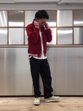 「長袖シャツ」｜「アイテム（スタジャン）」を使った、京都くんさん（メンズ・172cm）の春コーディネート
