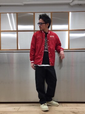 「ブーツコーデ」｜「アイテム（スタジャン）」を使った、京都くんさん（メンズ・172cm）の春コーディネート