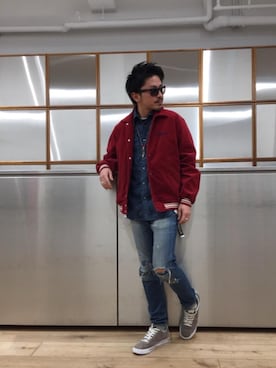 「長袖シャツ」｜「アイテム（スタジャン）」を使った、京都くんさん（メンズ・172cm）の春コーディネート