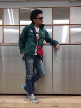 「レーシングジャケット」｜「アイテム（デニムパンツ）」を使った、京都くんさん（メンズ・172cm）の春コーディネート
