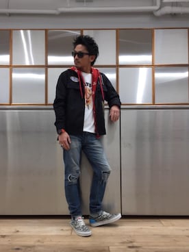「レーシングジャケット」｜「アイテム（デニムパンツ）」を使った、京都くんさん（メンズ・172cm）の春コーディネート