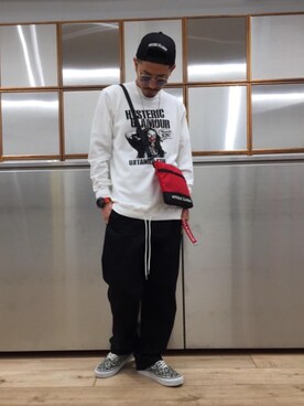 「HYSTERIC GLAMOUR（ヒステリックグラマー）のHYS WHISKY柄 刺繍キャップ（キャップ）」を使った、京都くんさん（メンズ・172cm）の春コーディネート