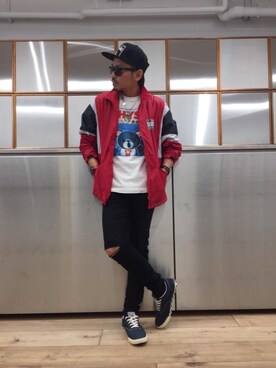 「HYSTERIC GLAMOUR（ヒステリックグラマー）のHYS WHISKY柄 刺繍キャップ（キャップ）」を使った、京都くんさん（メンズ・172cm）の春コーディネート