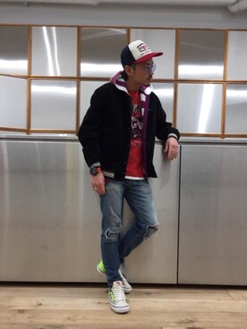 「G-SHOCK」｜「アイテム（スタジャン）」を使った、京都くんさん（メンズ・172cm）の春コーディネート