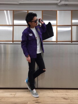 「レーシングジャケット」｜「アイテム（デニムパンツ）」を使った、京都くんさん（メンズ・172cm）の春コーディネート