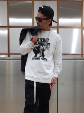 「HYSTERIC GLAMOUR（ヒステリックグラマー）のHYS WHISKY柄 刺繍キャップ（キャップ）」を使った、京都くんさん（メンズ・172cm）の春コーディネート